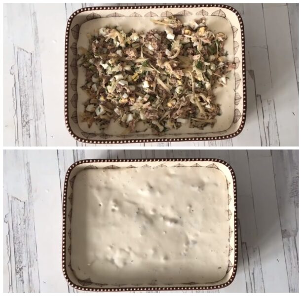 Заливний пиріг-трихвилинка з рибною начинкою і яйцем