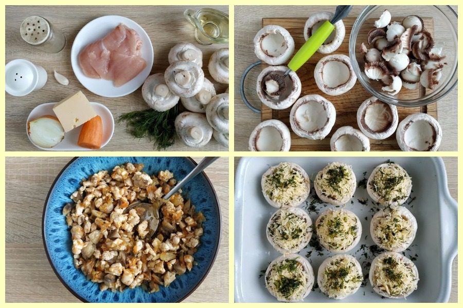 Соковиті шампіньйони, фаршировані куркою. Дуже смачні грибочки
