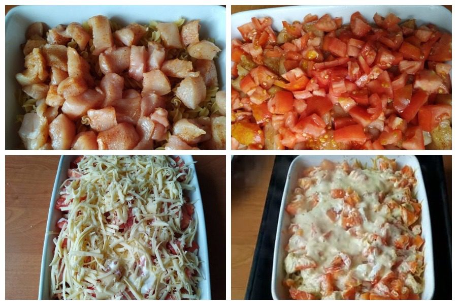 Макаронна запіканка з куркою та помідорами