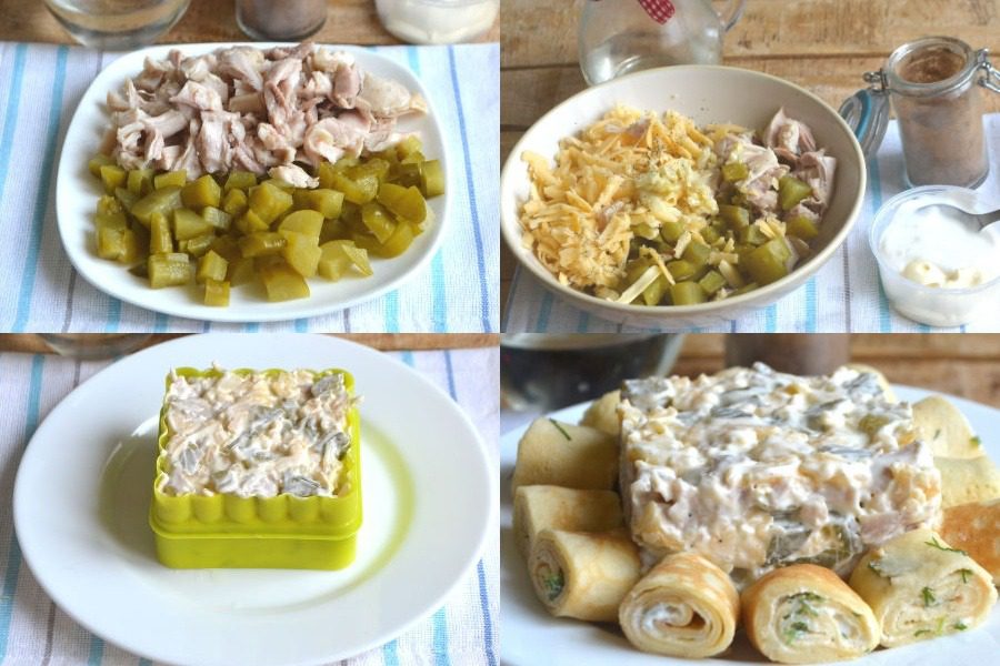 Ніжні млинці, курка та мариновані огірки