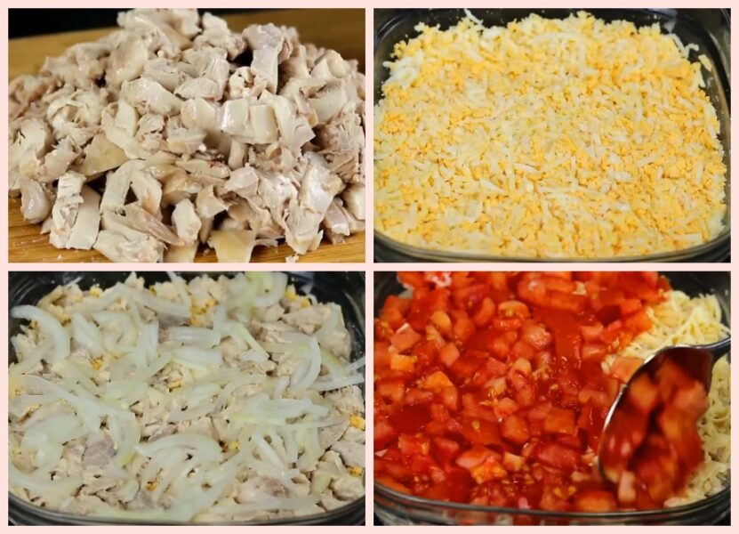 Ніжний шаровий салат із куркою, сиром та овочами