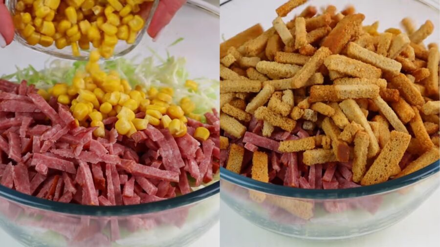 Рецепт салату Моя Леді з ковбасою та сухариками 