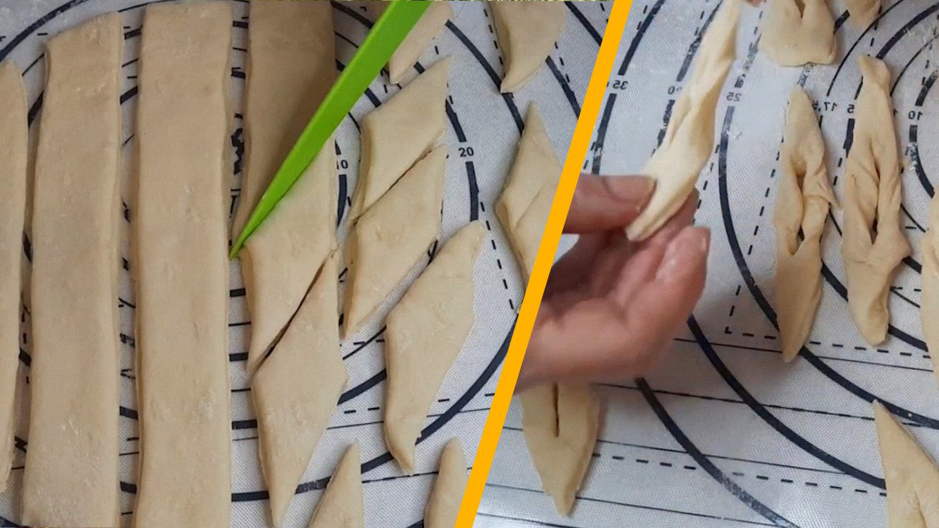 Можна спростити все та залишити тісто ромбиками, нарізати квадратиками чи чаркою зробити невеликі кружечки