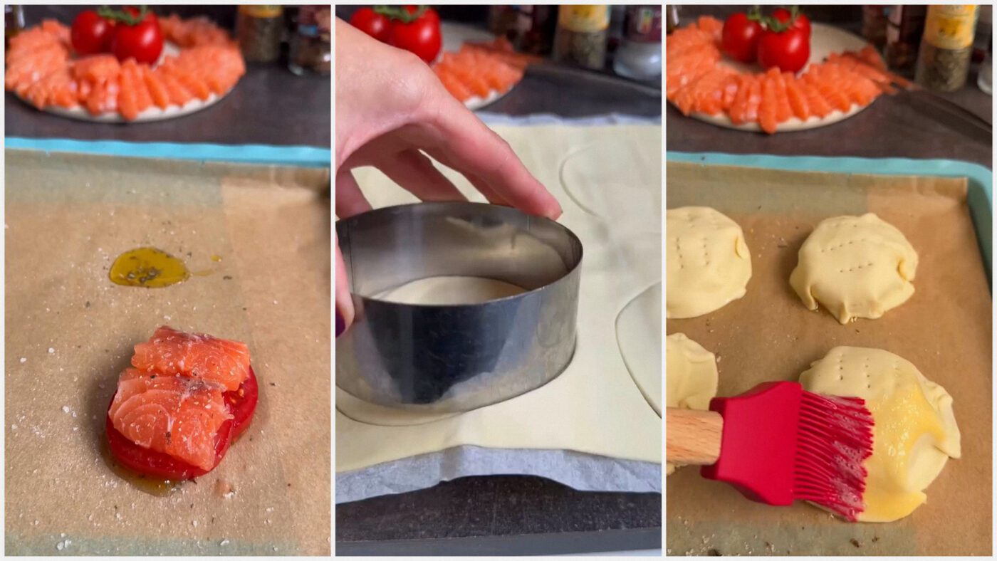 Формуємо основу: кружальця помідора з лососем накриваємо листковим тістом