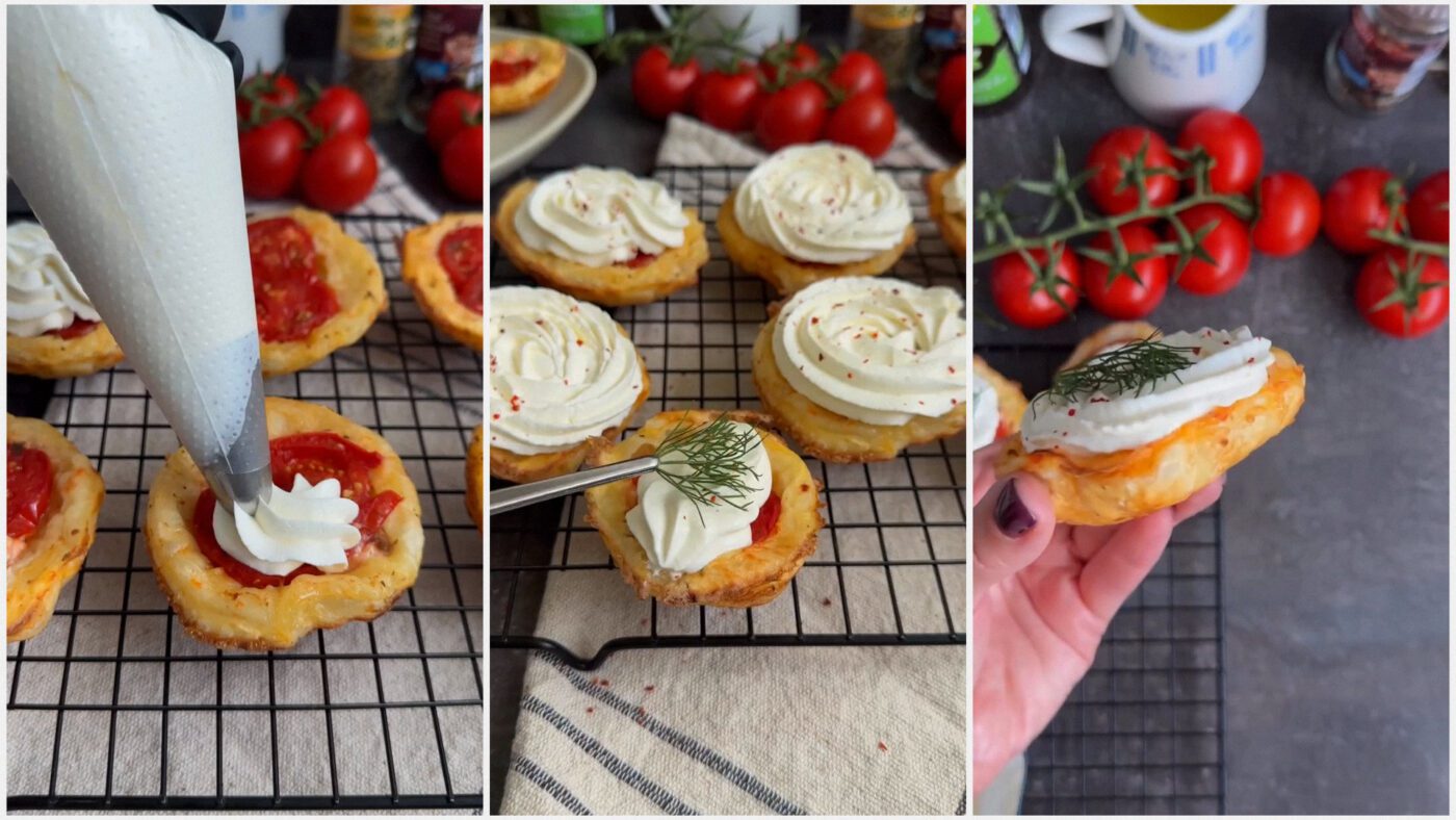 Остиглі кошички заповнюємо крем-сиром і прикрашаємо зеленню