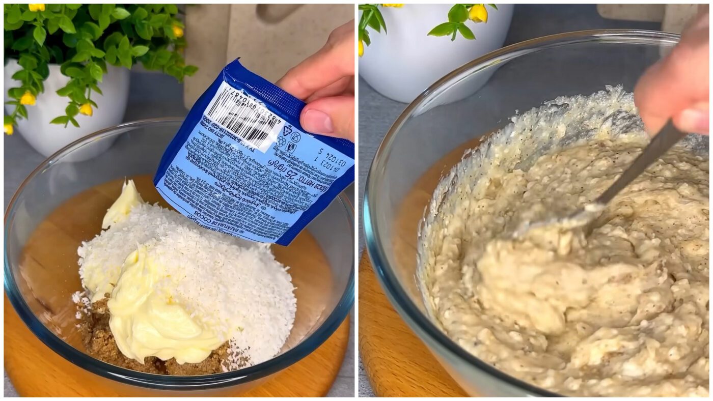 Подрібнені горіхи мають трохи відчуватися у кремі, як і кокосова стружка