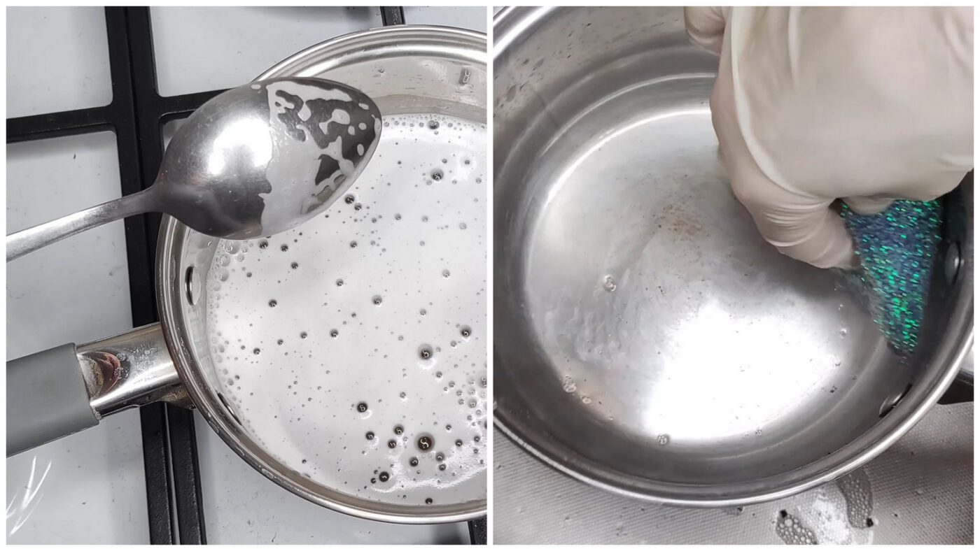 Відмивання дна каструлі від пригорілої їжі розчином соди