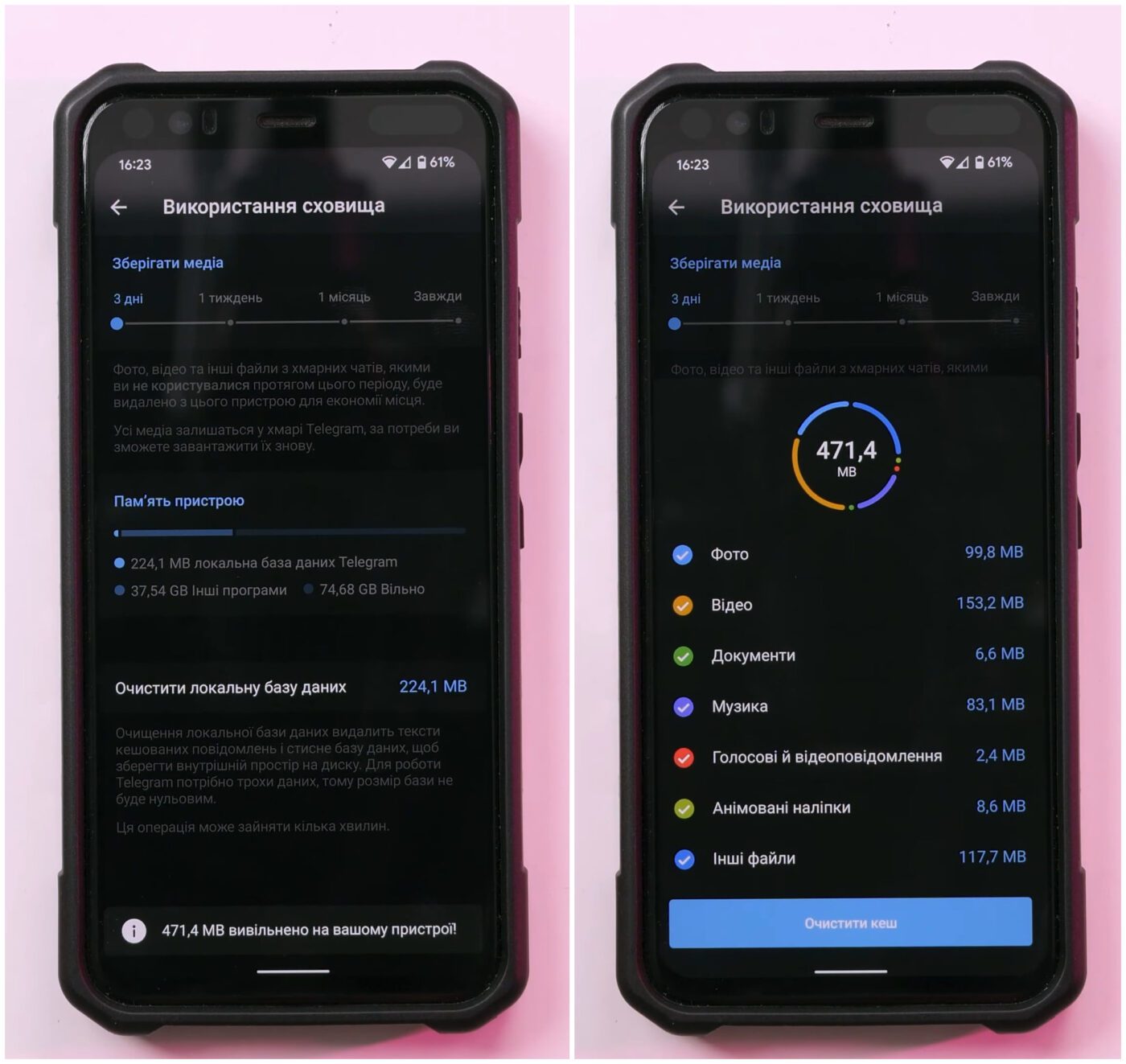 Telegram показує не лише обсяг кешу, а ще і його розподіл