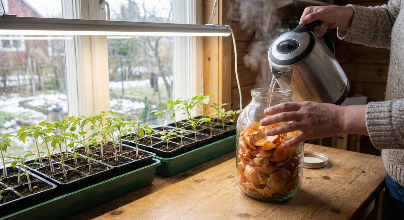 Підживлення розсади перцю та помідорів настоєм з цибулевого лушпиння