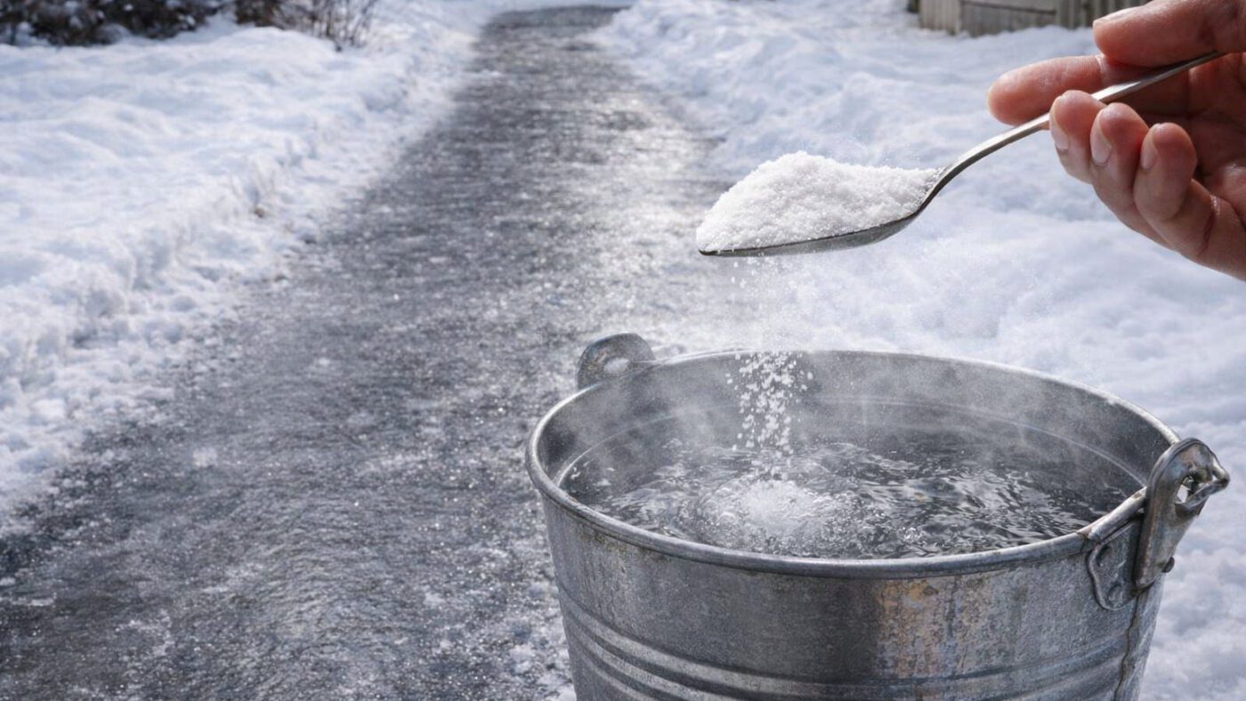 Прибирання льоду на подвір'ї розчином кухонної солі