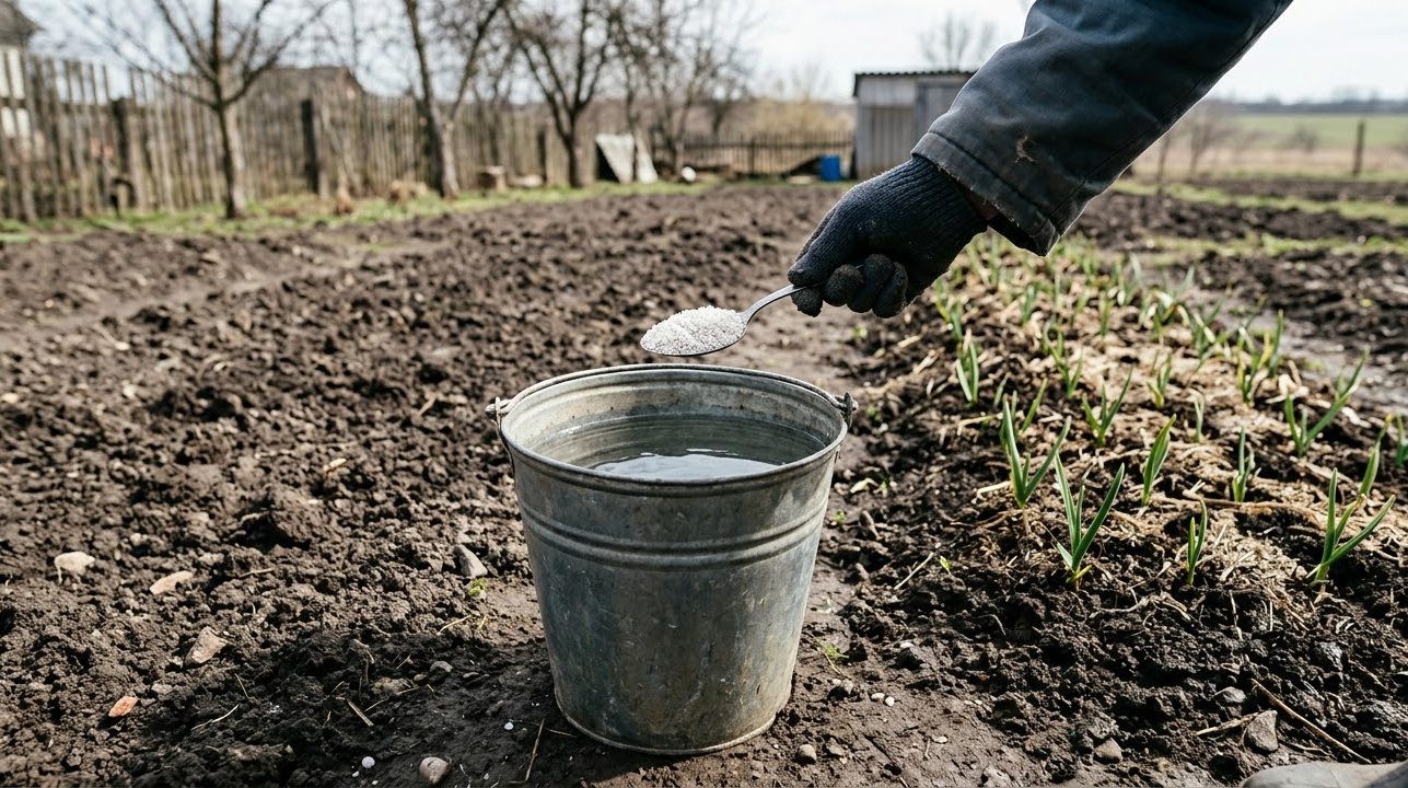 Підживлення часнику аміачною селітрою у березні