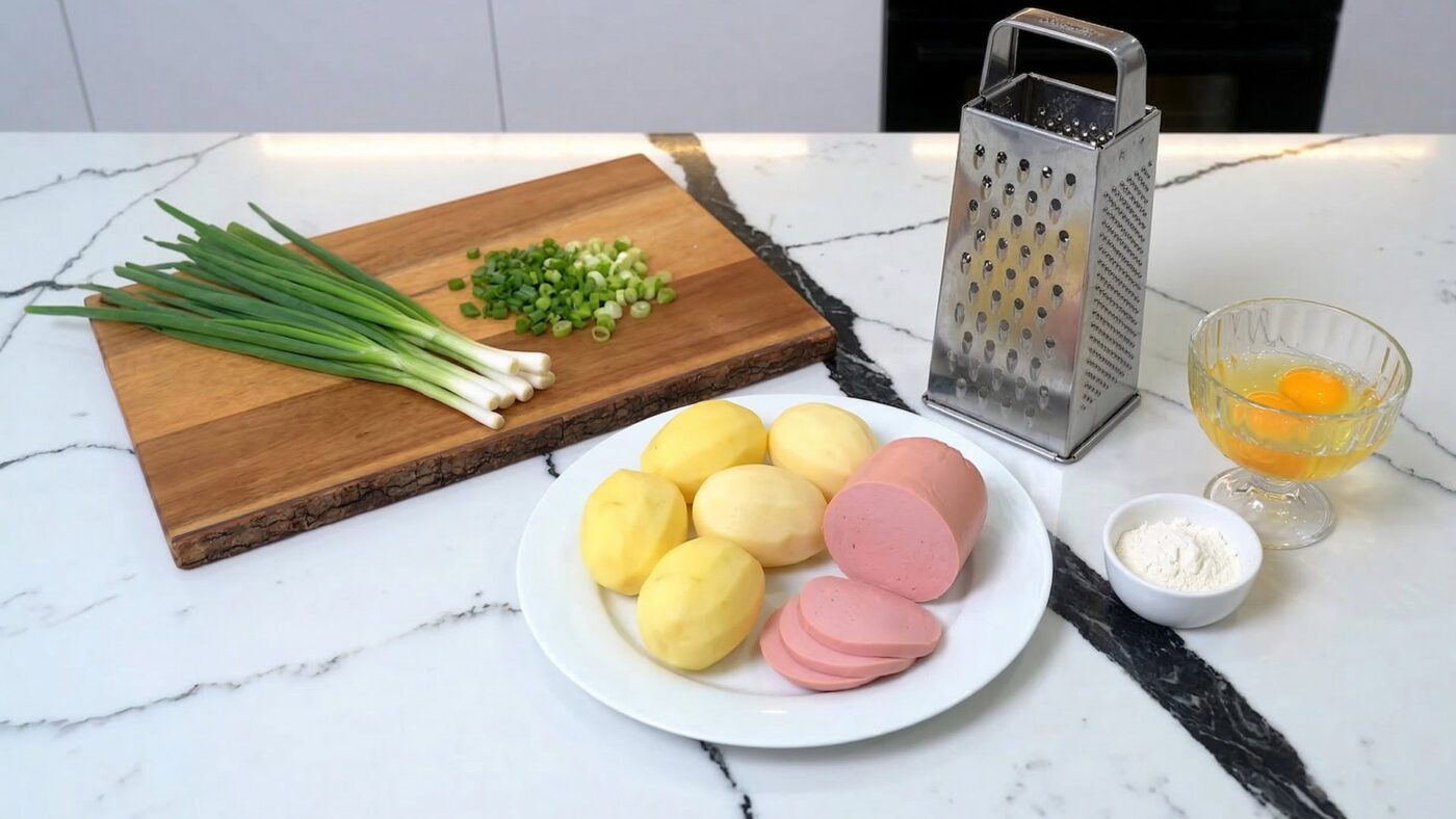 Картопляний млинець з вареною ковбасою та зеленню