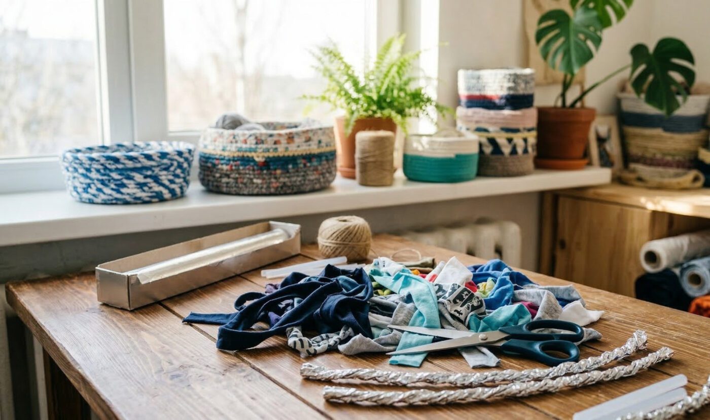 Як зробити стильні дизайнерські кошики зі старих футболок і фольги