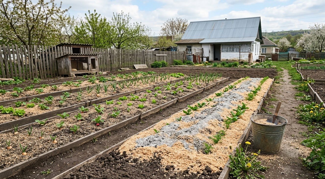 Мульчування грядок від бур'янів тирсою та золою