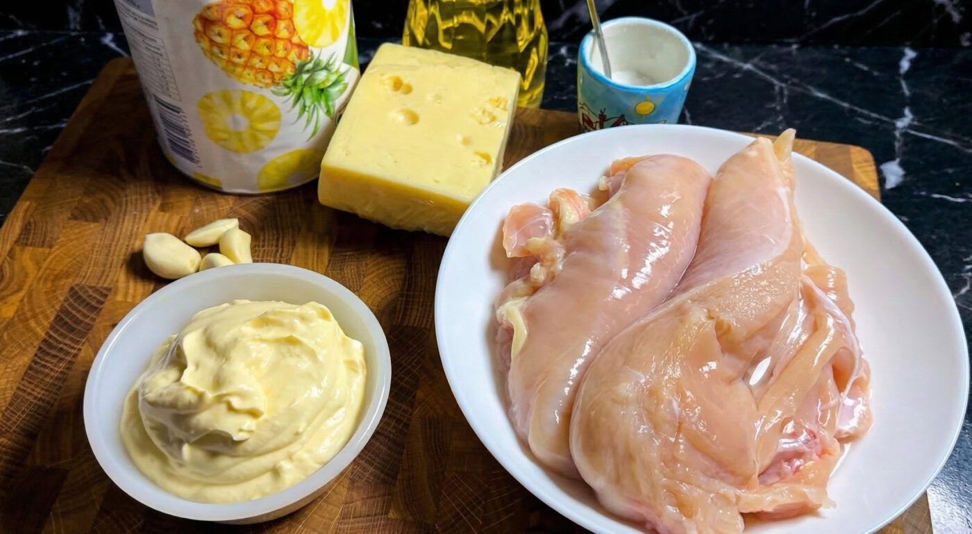 Швидкий рецепт салату з куркою та консервованим ананасом