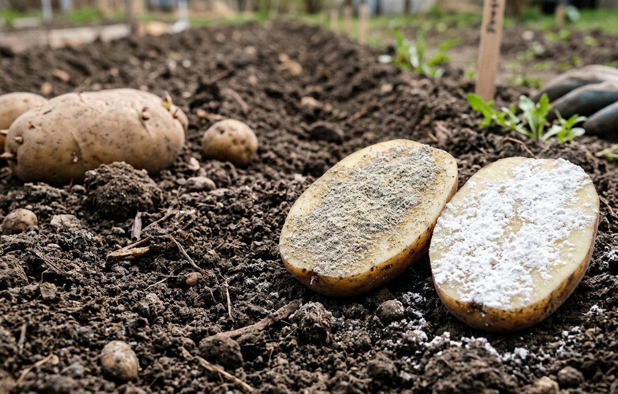 Обробка попелом або крейдою значно зменшує ймовірність гнилі, якщо садите розрізану картоплю одразу