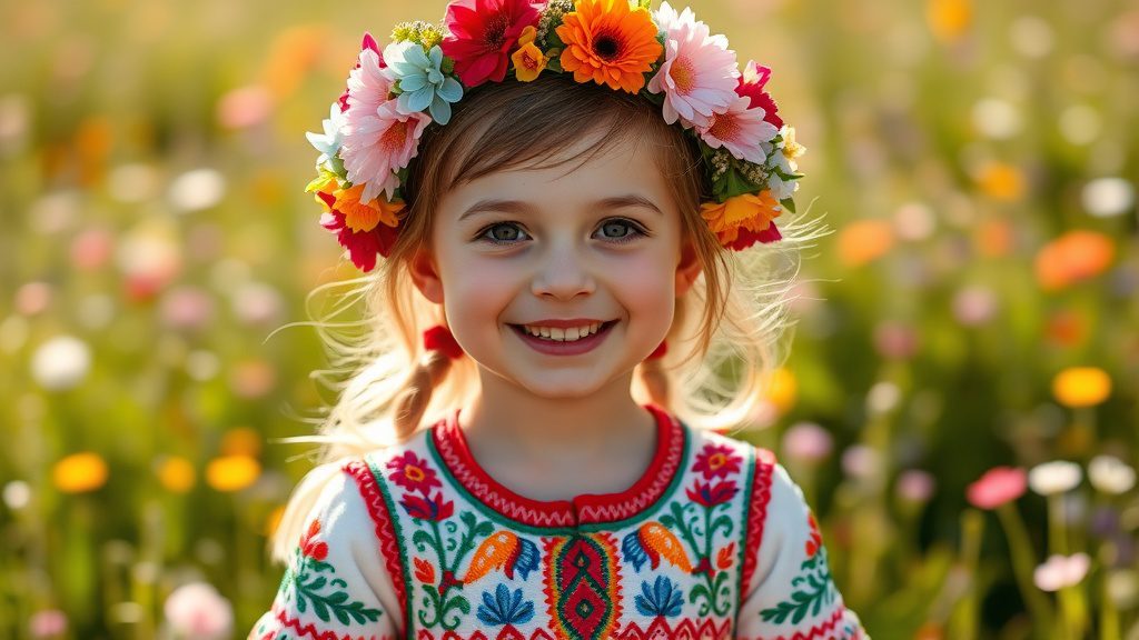Дівчинка у вишиванці та квітковому віночку на лузі