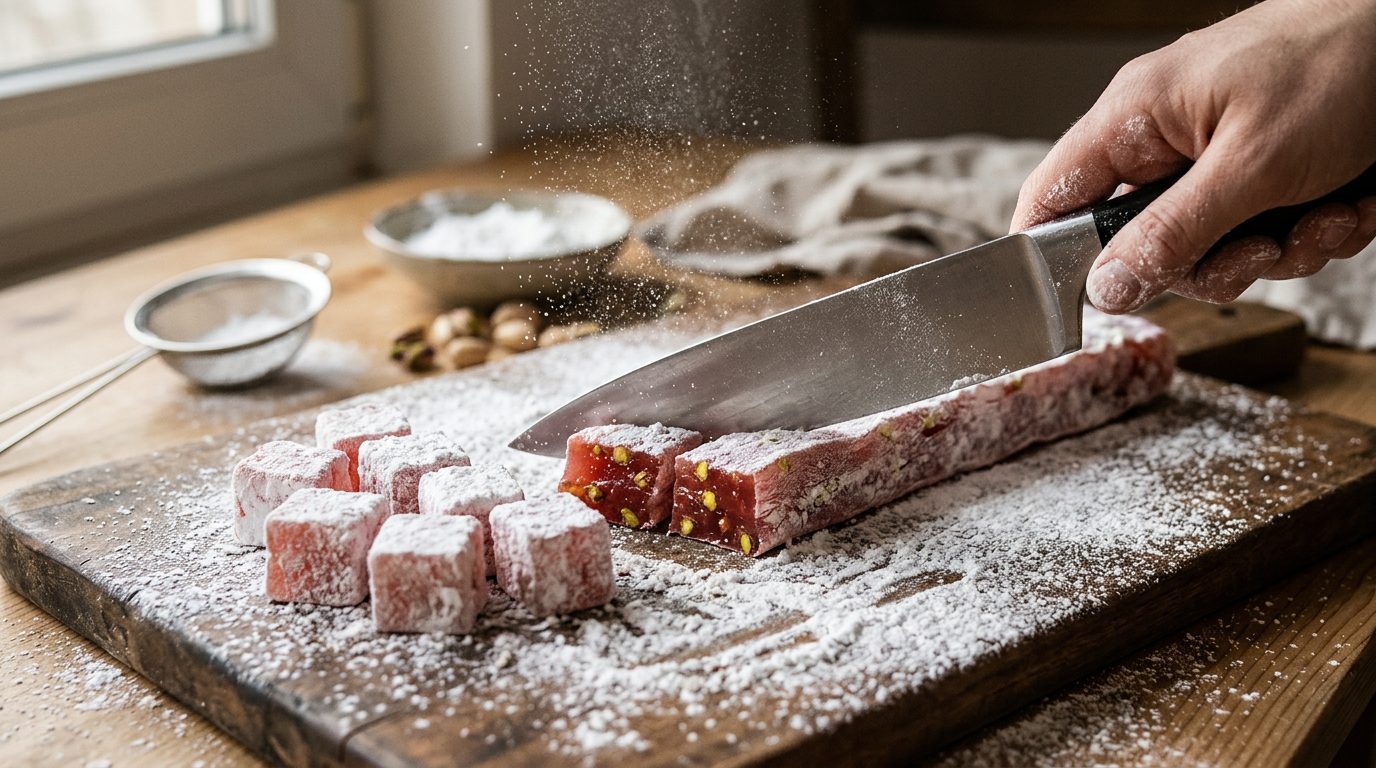 Нарізання застиглого рахат-лукуму на кубики кухонним ножем на дошці з пудрою