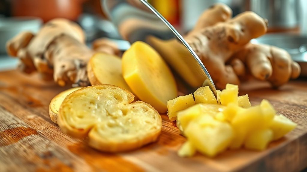 Нарізання свіжого кореня імбиру для приготування чаю