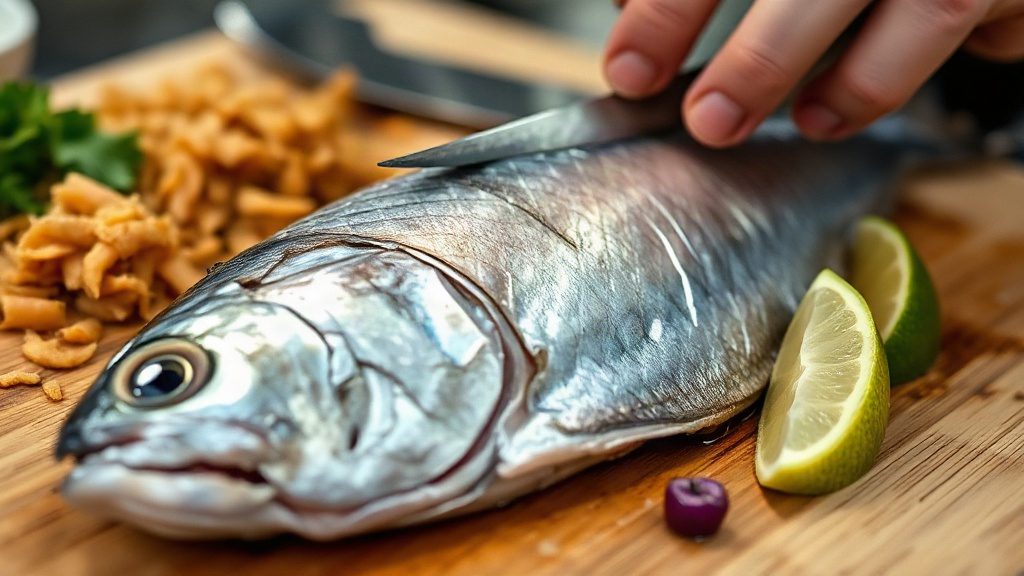 Процес нарізання свіжої скумбрії для засолювання