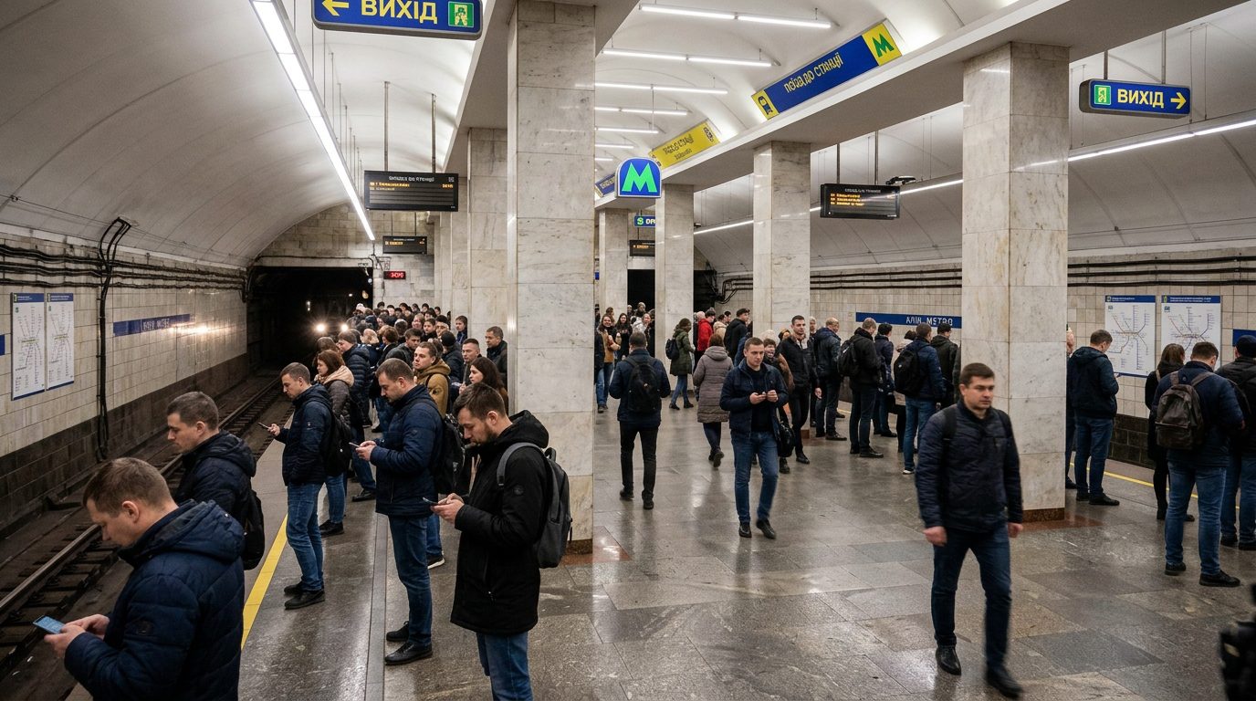 Пасажири київського метрополітену в очікуванні потяга