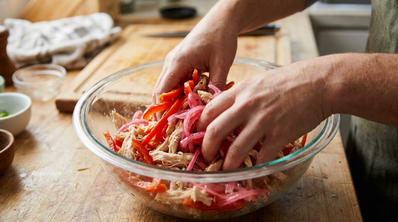 Процес змішування курячого м'яса, червоного перцю та маринованої цибулі для салату Захід
