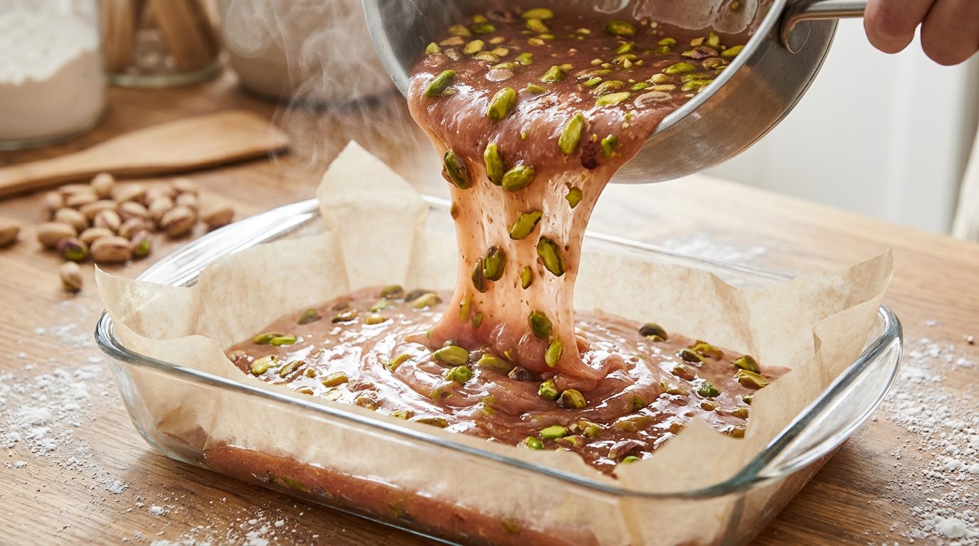 Перекладання гарячої маси лукуму з горіхами у прямокутну форму для застигання