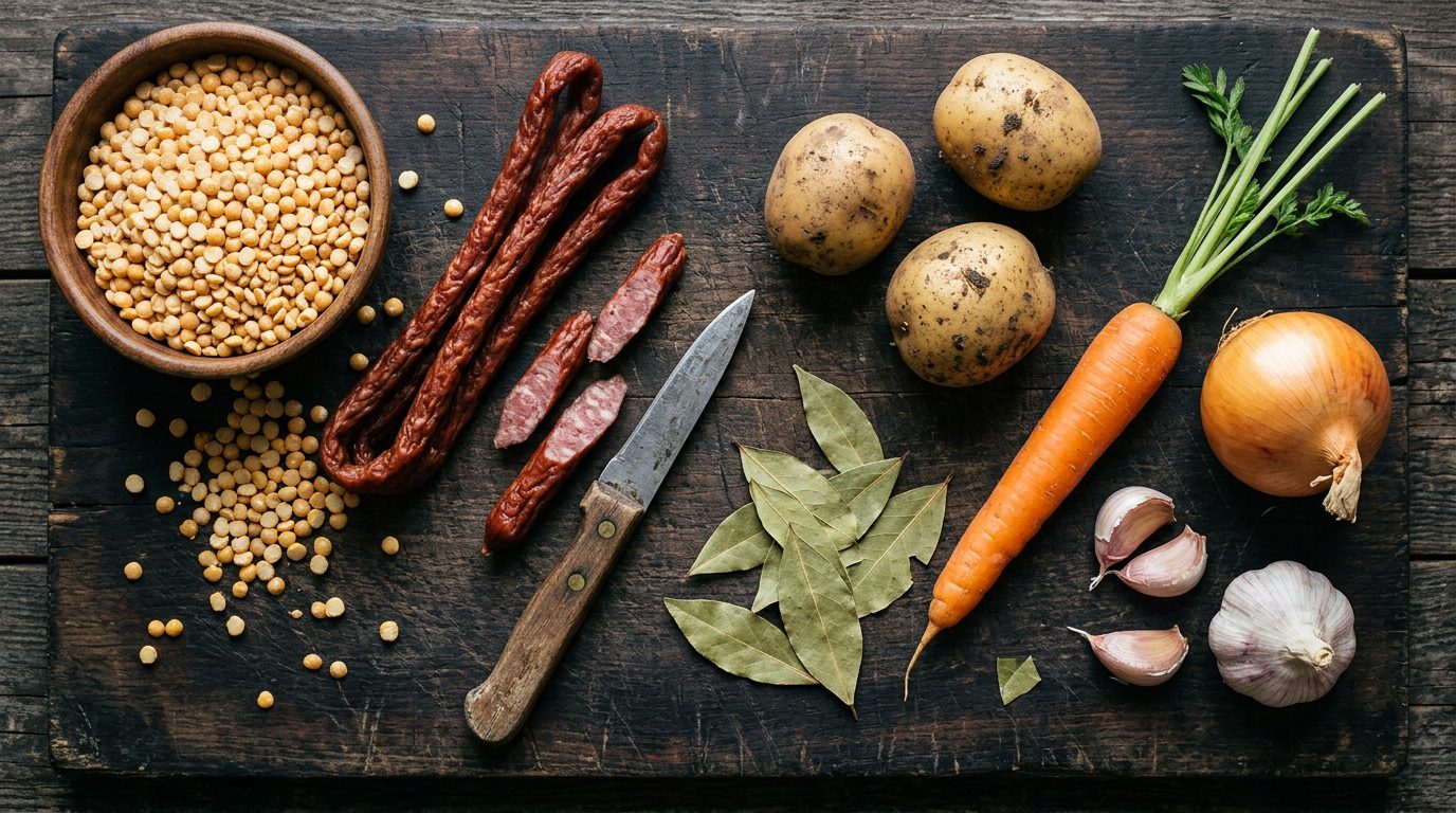 Інгредієнти для горохового супу з копченими сосисками