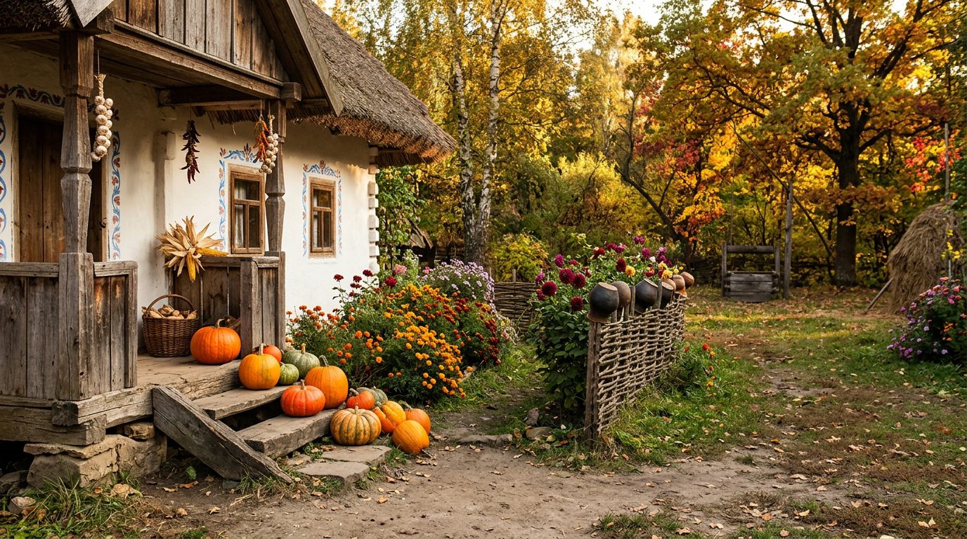 Традиційний український сільський пейзаж із гарбузами біля ганку