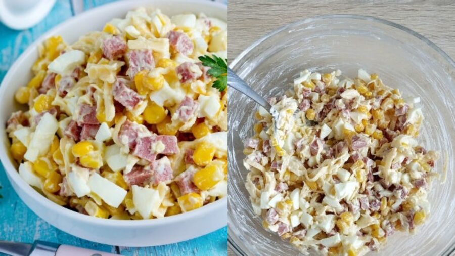 Рецепт салату з ковбасою, сиром і кукурудзою