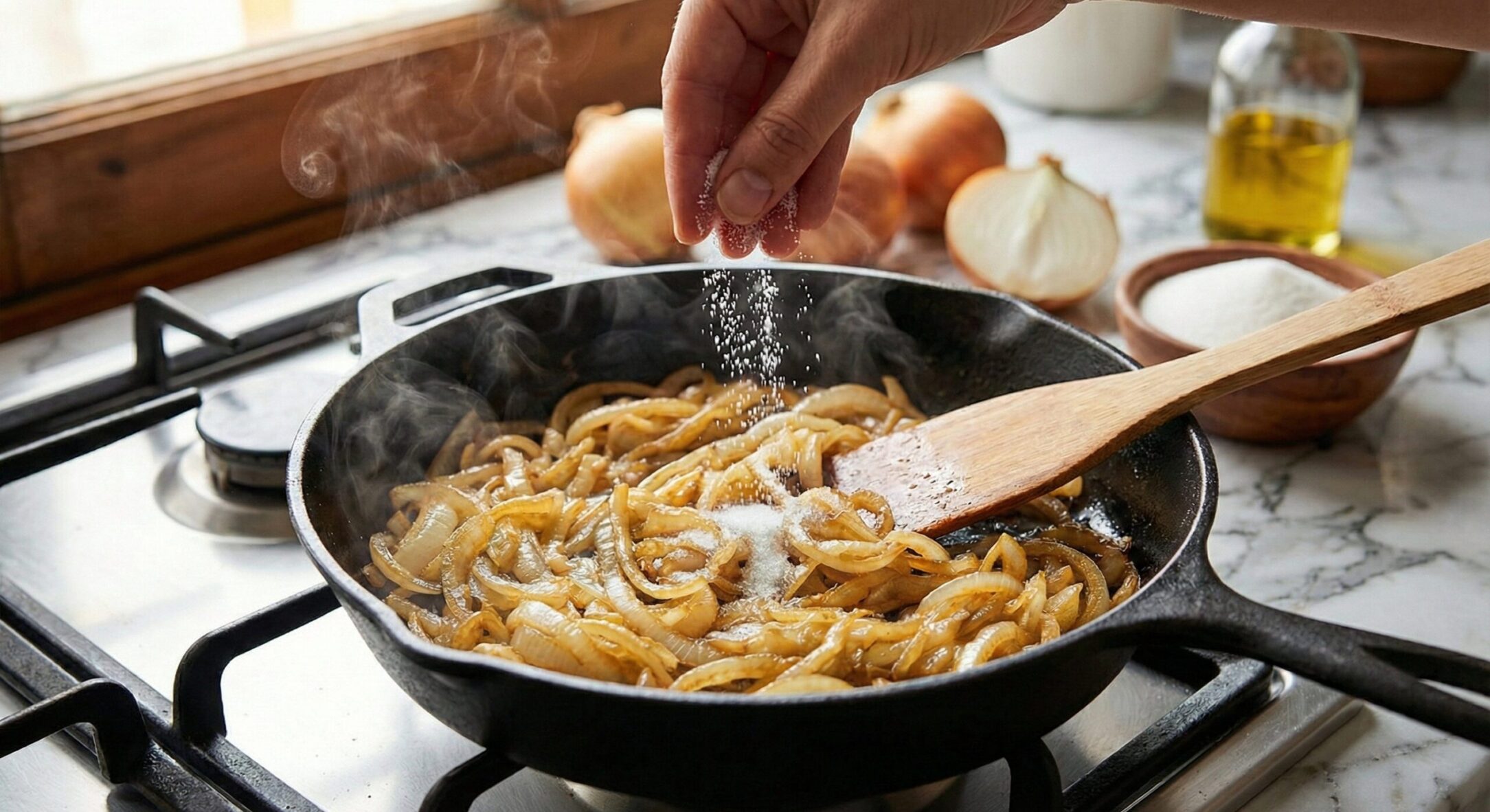 Моя бабуся навчила: 1 дрібка цукру на сковорідку – і цибуля стає золотистою, аж карамельною, за 2 хвилини 